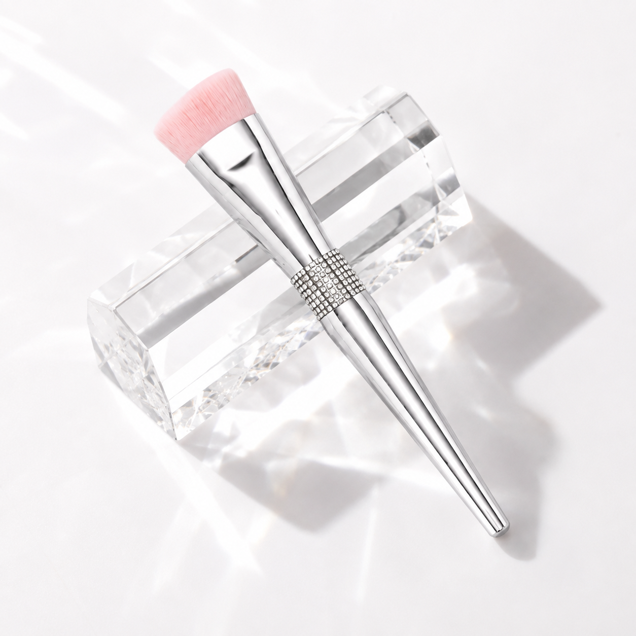 Crystal Radiance Pink Flat Top Foundation Brush crystal and handle detail