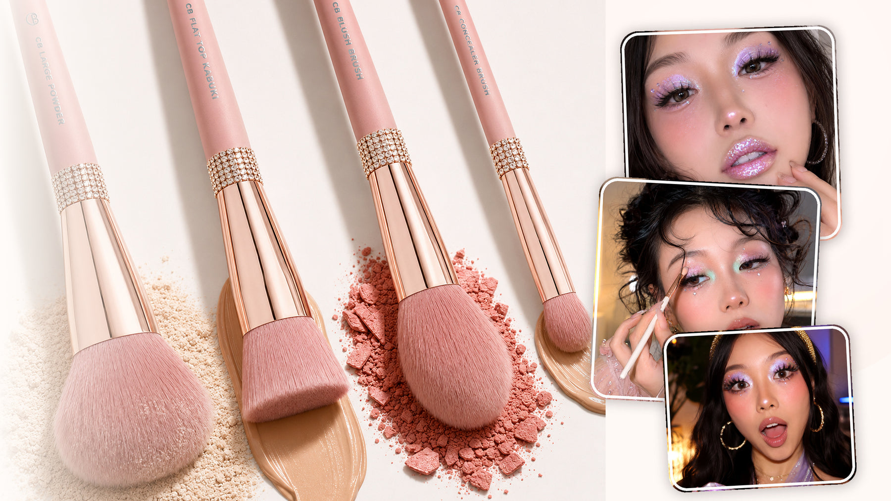 Crebrand creator community desktop hero with rose gold makeup brushes and UGC creators