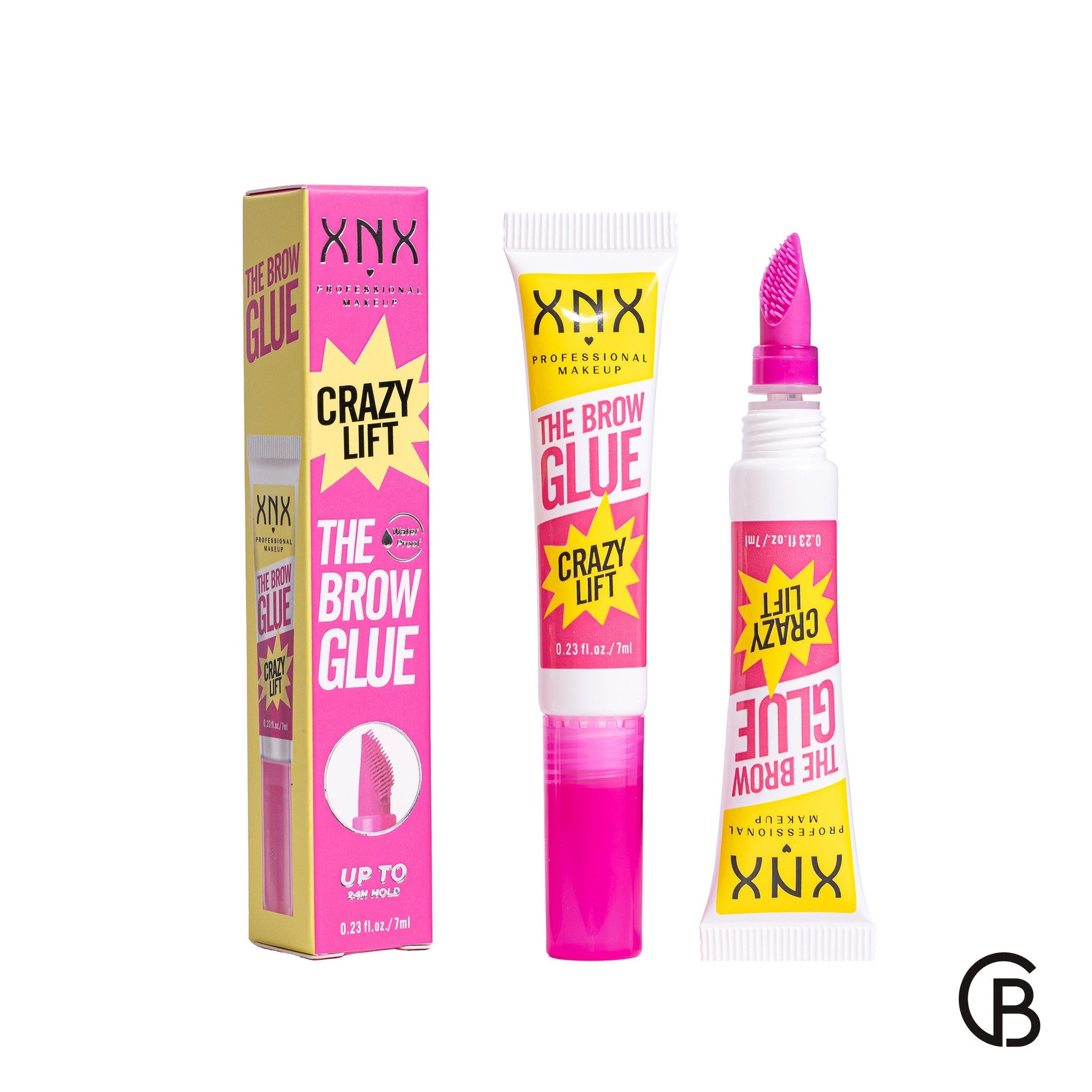 XNX The Brow Glue packaging, tube and built-in comb applicator in supplier product photo